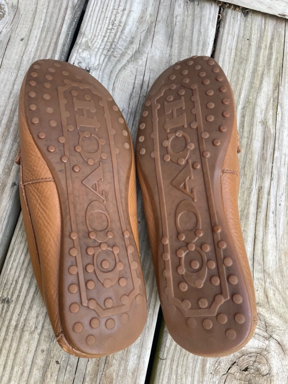 Coach BrownLeather Moccasin Driving Loafers Gold Logo Plaque Women’s Size 6.5